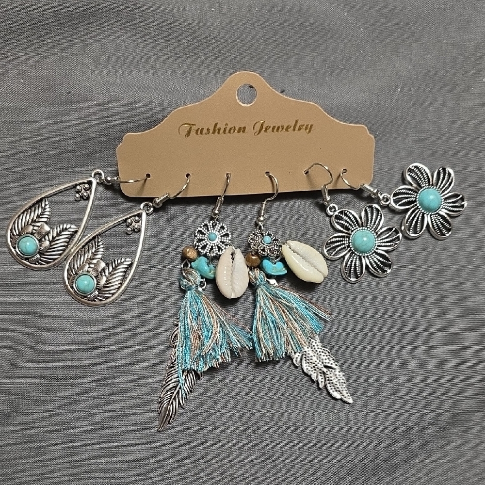 Fashion Jewelry Silver and Turquoise Boho Earring Set